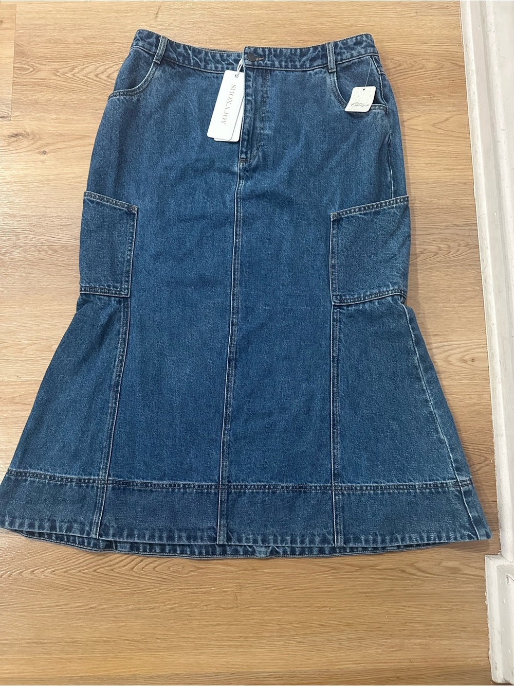 Free People Denim Maxi Skirt in Dark Blue